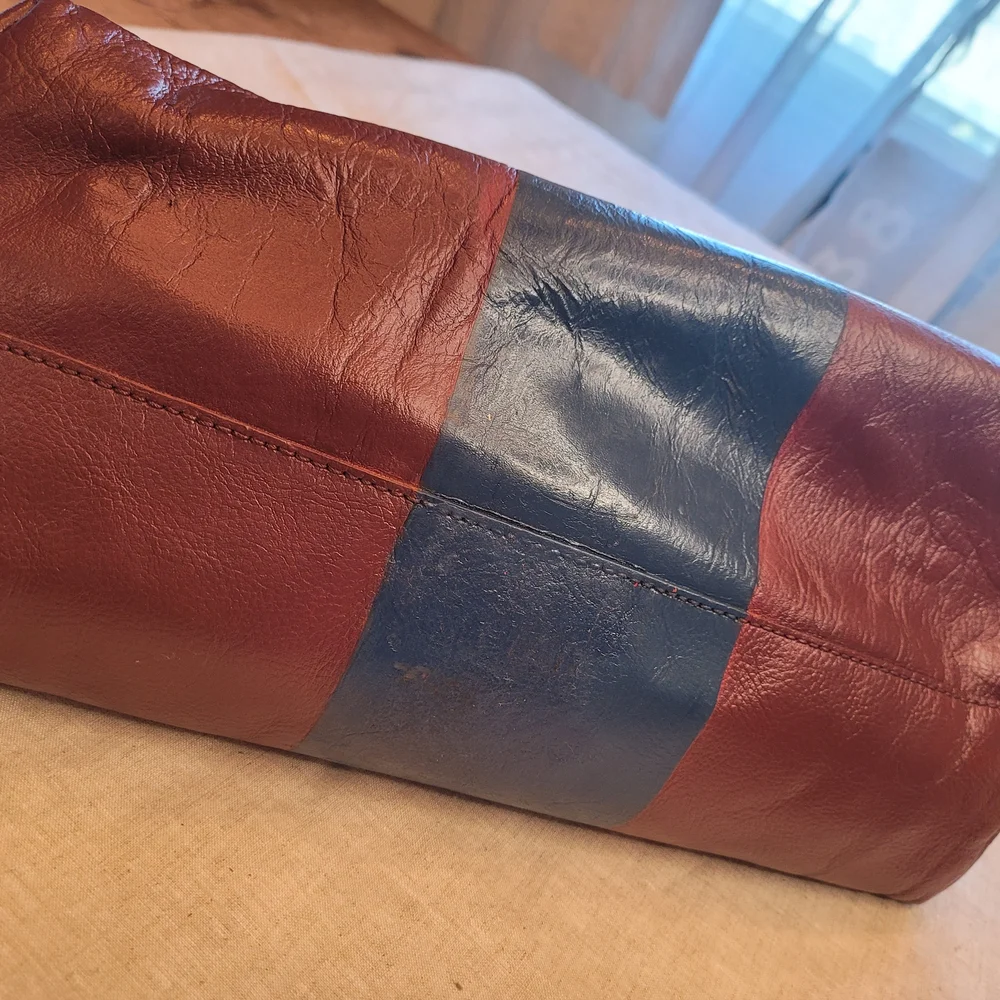 J Crew Downing Color Block Stripe Burgundy Navy Leather Tote Purse Bag